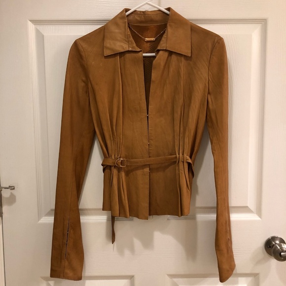 Roberto Cavalli Belted Leather Jacket w/ Rose Back - Picture 1 of 2